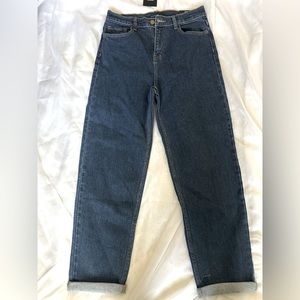 Dark wash straight leg mom jeans.